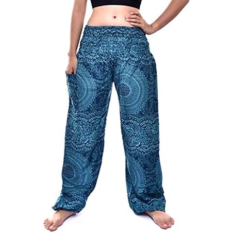Bohotusk Womens Bohemian Harem Pants Elephant Print - Sizes to Fit UK 8 to 20 - Boho Hippy Trouser for Ladies (2XL / 3XL (UK Size 18-20), Blue Night Glow) Cover