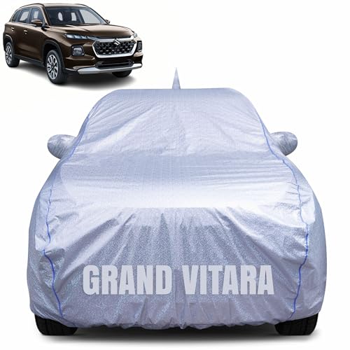 Image of 100% Waterproof Car Body Cover for Maruti Suzuki Grand Vitara (2022-2025) with Mirror Pocket, Heat & UV Resistant, Triple Stitched, Soft Lining, Bottom Elastic & Piping (Silver Reflective)