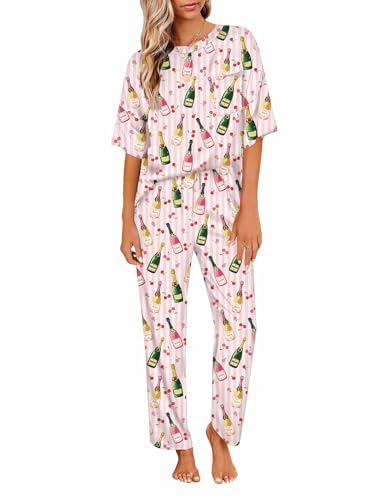Image of Ekouaer Womens Satin Silky Pajama Set Short Sleeve Shirt with Long Pajama Pant Set Soft PJ Loungewear