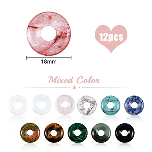 BENECREAT 12Pcs Donut Disc Natural Stone Pendants 12 Mixed Color Gemstone Donut Charms Flat Round Donut Stone Beads(18x4.5mm) Hole: 5.5mm Pendants for Jewelry Making - Image 2