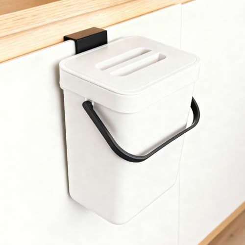 Image of Kitchen Waste Bin with Hooks 5L, Indoor Kitchen Sealed Under Sink for Kitchen, Food Waste Bin for Countertop (White)
