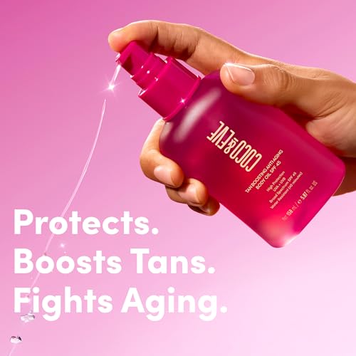 coco amp eve tan boosting anti-aging body oil spf45 - tanning accelerator pump uva uvb sun protection  moisturizing outdoor bronzing enhancer with natural ingredients antioxidants 507 fl oz