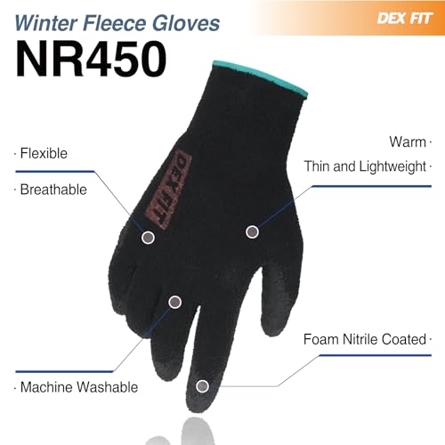Image of DEX FIT Warm Fleece Winter Gloves NR450, Comfort Spandex Stretch Fit, Power Grip, Thin & Lightweight, Durable Water-Based Nitrile Coating, Machine Washable, Black 7 (S) 3 Pairs