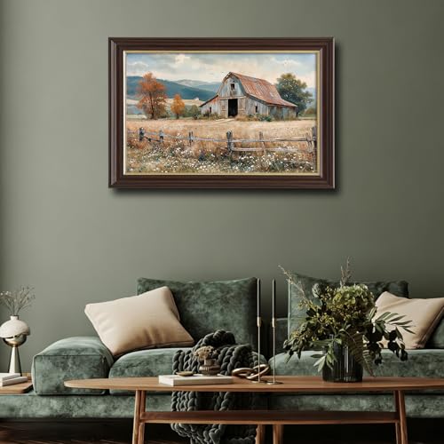 Image of Framed Vintage Farmhouse Canvas Art, Rustic Old Barn Autumn Landscape Canvas Prints Pictures, Countryside Wildflower Wall Decor for Living Room Bedroom Farmhouse Home Aesthetic