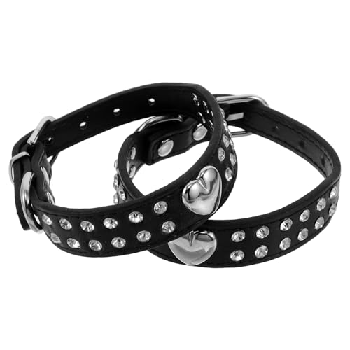 HIAKDOFT 2 Piezas Collar para Mascotas Gemas de Imitación 2 Piezas, Ajustable, Color Negro, Talla S, Diseño Corazón Metálico Brillante, Collar para Perros Pequeños y Gatos, Accesorio para