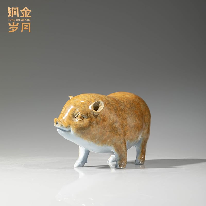 Figurka z mosiądzu Tongyifang Fortune Pig – statua chińskiej świni zodiaku, dekoracja na biurko z litego mosiądzu do salonu, gabinetu i biura, 9,45 "dł. x 3,74" szer. x 5,31 "wys.
