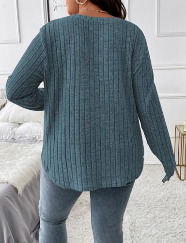 Image of Koscacy Women Plus Size Casual Knit Sweater V Neck Solid Color Tops Lightweight Long Sleeve Blouses