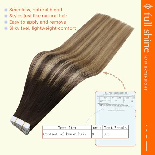 Image of Full Shine Tape in Hair Extensions, 16 Inch Dark Brown Honey Blonde | 50g 20PCS, Invisible Remy Tape in Human Hair Extensions, Seamless Straight Finish Soft Remy Texture for Party Wear