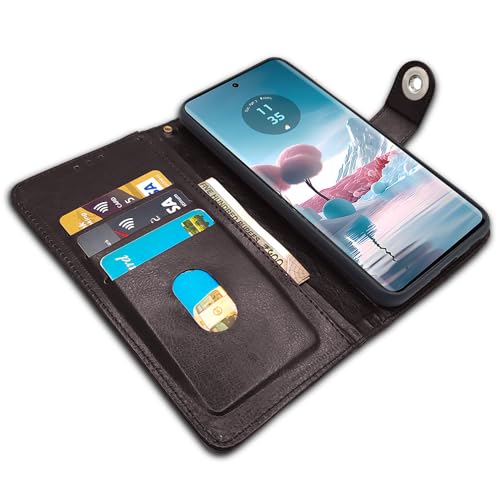 Image of Pikkme Moto Edge 40 Neo 5G Flip Cover Leather Finish | Wallet Stand and Shock Proof | Inside TPU with Card Pockets | Complete Protection Button Flip Case (Coffee)