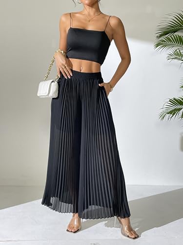heipeiwa Women's Chiffon Pleated Wide Leg Palazzo Pants Crop Capris Culotte Dressy Casual Pants2