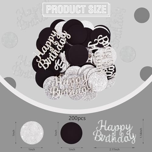 Image of 200Pcs Happy Birthday Confetti Glitter Silver And Black Circle Dots Confetti Table confetti For Birthday party Halloween Bachelorette Wedding Baby Shower Decorations