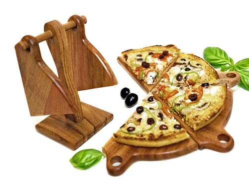 Pizza Serving Plates with Stand - Mini Charcuterie Boards for Elegant Gatherings - 6 Hand Carved Acacia Wood Boards. A Unique Pizza Board Set