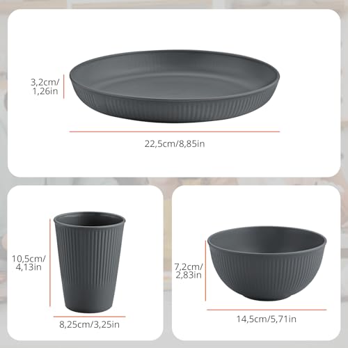 FUNYKICH 12 Teiliges Küchengeschirr Set für 4 Personen, Leicht und einfach zu stapeln, Unzerbrechliches Geschirr Set,mit 4 Teller, 4 Müslischalen und 4 Trinkbecher für Picknick, Camping (Dunkelgrau)