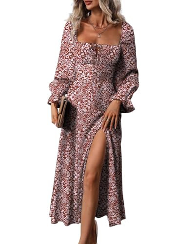 BLENCOT Women's Flowy Split Thigh A Line Maxi Dresses Boho Floral Print Long Sleeve Square Neck Dress Red XL