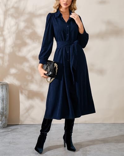 Women's Corduroy Midi Dress Long Sleeve Button Down Belted Flowy Shirt Dress with Pockets4