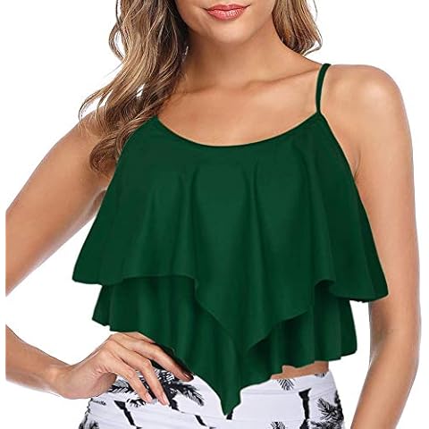 Firpearl Women's Bikini Top Flounce Crop Top Falbala Ruffle Bathing Suit Top Green S US4-6 Cover