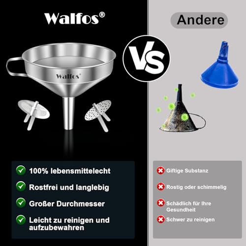 Walfos Trichter Edelstahl Groß 20cm, KüChentrichter Mit 2 Abnehmbaren Sieben & 1 StüCk ReinigungsbüRste, Perfekt Zum UmfüLlen Von FlüSsigkeiten, Marmelade, Trockenen Zutaten