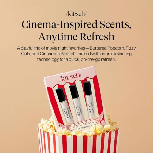 Image of Kitsch Hair Perfume for Women - Movie Theater Set | Deodorizing & Patented Odor-Eliminating Technology Hair Spray & Body Mist - Buttered Popcorn, Fizzy Cola & Cinnamon Pretzel, 3x10mL