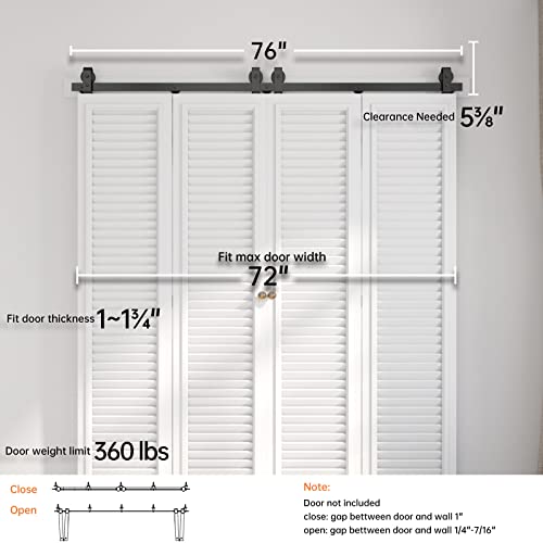 Easelife 72" Bi-Folding Sliding Barn Door Hardware Track Kit For 4 Closet Door,Top Mount Roller,Heavy Duty,Slide Smoothly Quietly,Easy Install,Black,No Door (Track Length 76") #TOP5