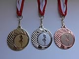funkenmariechen hut  Medaillen Set - mit Stahl 40mm - Karneval - Funkmariechen - Fasching - Gold Silber Bronze - Medaillenset - mit Alu Emblem 25mm - Gold,Silber,Bronce, Medaillenband,Weiß/Rot -