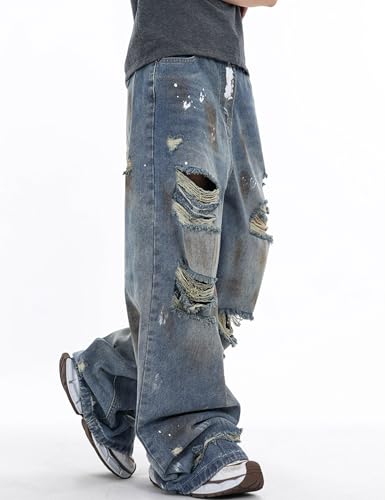 Y2K Baggy Jeans Men Ripped Pants Wide Leg Distressed Destroyed Straight Leg Ripped Jeans Trousers4