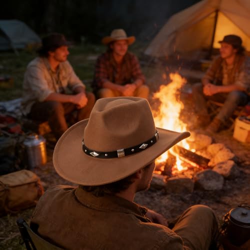 Image of DRESHOW Cowboy Hat for Women and Men Western Felt Cowboy Cowgirl Hat Wide Brim Belt Buckle Retro Fedora Hats Unisex Caps