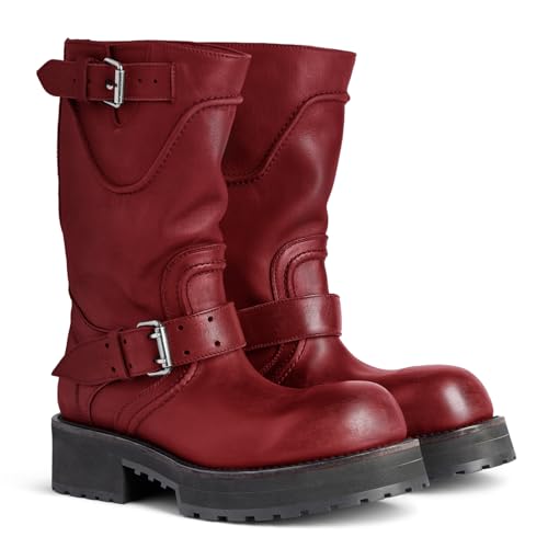 Motorcycle Riding Knee High Boots for Women Round Toe Buckle Strap Mid Calf Boots Chunky Heel Lug Sole Biker Motor Long Boots for Causal Vacation