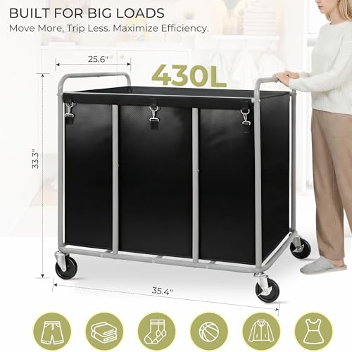 Image of 430L Commercial Laundry Cart with Wheels, Large Heavy Duty Rolling Laundry Hamper With Handle and Removable Waterproof Liner Bag, Industrial Dirty Clothes Hampers for Home & Hotel