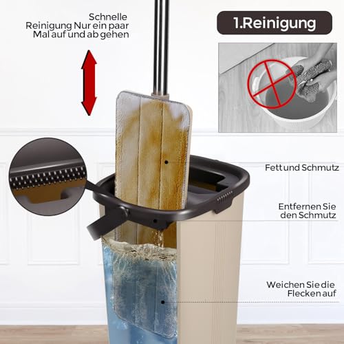 Masthome Wischmopp Set mit Eimer, Mikrofaser Bodenwischer Set mit Einstellbar Edelstahlgriff, 6 Mopp...