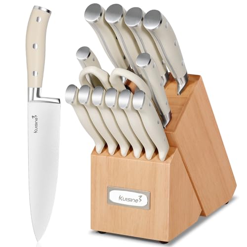 Image of KUISINE Upgraded Knife Set High Carbon Stainless Steel Sharper Blade Ergonomic Handle,Knife Block Set with Built- in Sharpener(Ivory Pro Acacia,15PCS)