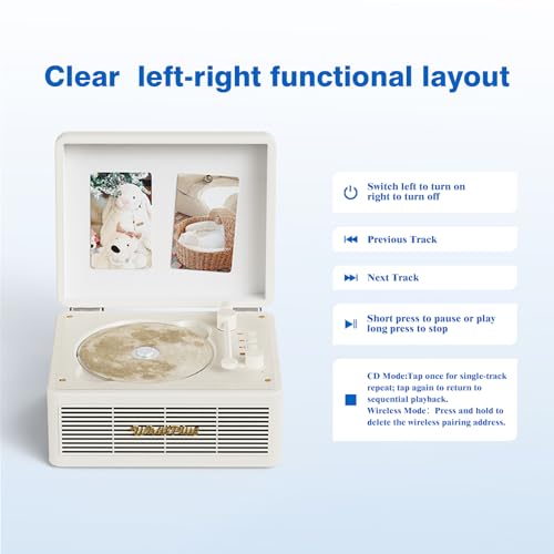 Image of CD Player with Bluetooth Speaker, High-Fidelity Sound, App-Controlled, Magnetic Display for Photos & Pins, Retro Desktop Music Player, Gift for Music Lovers (White)