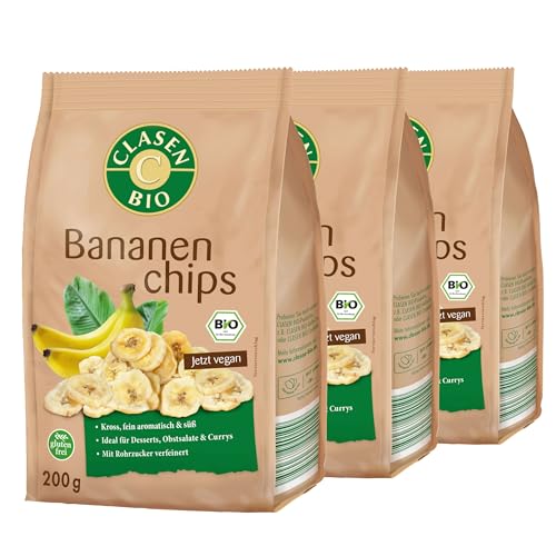 3x CLASEN BIO Bananenchips mit Rohrzucker gesüßt, knusprig und glutenfrei - 200g