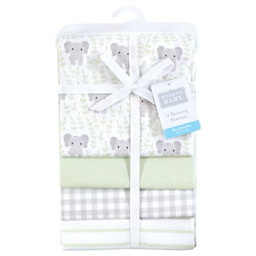 Image of Hudson Baby Unisex Baby Cotton Flannel Receiving Blankets 4-Pack, Leafy Elephant, One Size