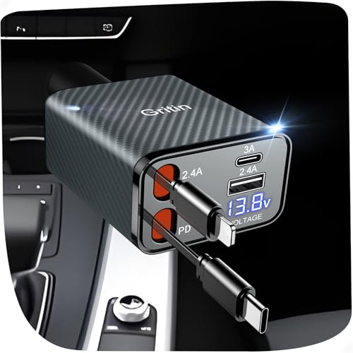 Gritin 4 in 1 Zigarettenanzünder USB C 69W Auto Ladegerät Adapter Kfz 12V, Camping Wohnmobil Auto Zubehör, Travel Essentials mit Spannungsanzeige, Car Accessoires für iPhone usw. - Kohlefaser Grau