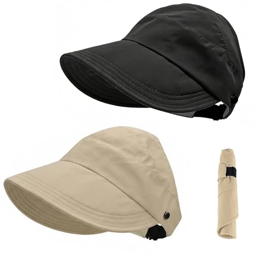 Touosy 2 Piezas Gorras de Hombre Mujer Cap, Mujer Sol Sombrero al Aire Libre UV, Plegable ala Ancha Transpirable para Vacaciones Pesca Junto al Lago Senderismo (Negro Caqui)