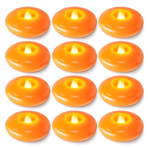 Image of Homemory 12 Pack 3 inch Flameless Led Floating Candles, 200 Hour Orange Battery Operate Waterproof Tealights for Cylinder Vases, Centerpieces at Wedding Decor, Party, Pool