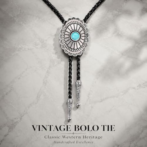 Image of Turquoise Bolo Tie for Men, Leather Braided Necktie Western Cowboy Bola Tie Costume Accessories for Men Women