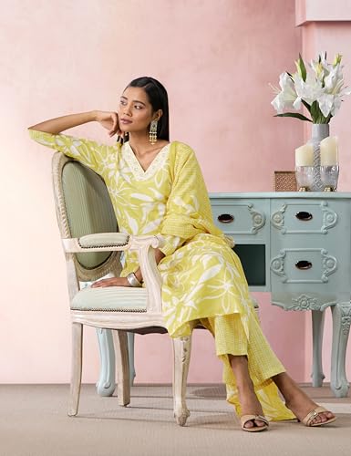 Image of Libas Printed Cotton Blend Straight Kurta With Trouser and Dupatta