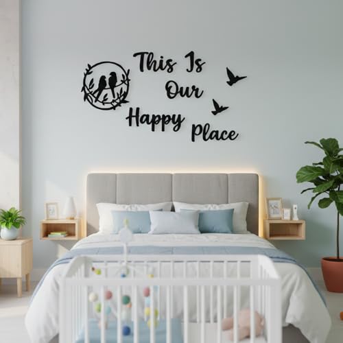 Image of This is Our Happy Place Wall Art Sticker with Birds & Quote | Romantic Couple Wall Decor for Bedroom, Living Room | Golden Acrylic Wall Decoration