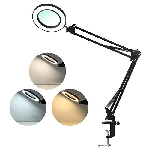 Magnifying LED Desk Lamp with clamp, Tomshine 8X Magnifer 64 LED 3 Color Modes 10 Levels Dimmable Adjustable Swivel Arm Magnifying Glass with Light and Stand for Crafts