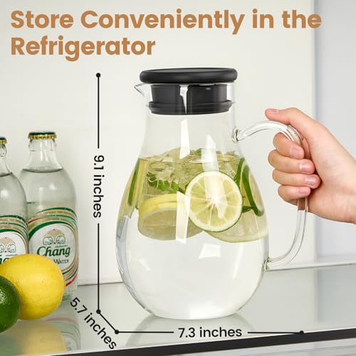 Image of 68oz Glass Pitcher with Lid - Borosilicate Jug for Hot /Cold Drinks, Leak-Proof Silicone Lid, Juice & Iced Tea Serveware for Family Kitchen, Small Fridge, and Daily Hydration (Round)