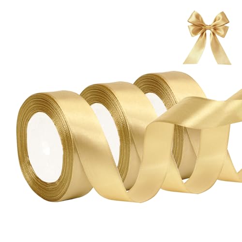 Geschenkband Gold 25mm 66M Satinband Gold Schleifenband Weihnachten Breit Geschenk Bänder Stoff Goldenes Band für Geschenkverpackung Geburtstag Hochzeit Dekoration