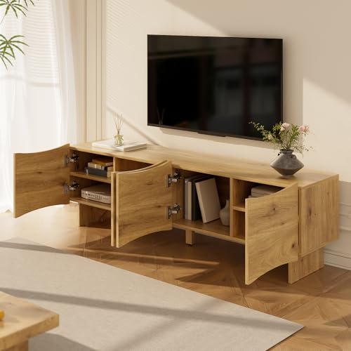 BENMWS Mueble de TV con diseño ondulado 50 x 160 cm, espacio de almacenamiento para consola multimedia, cuatro puertas y aspecto de madera, diseño elegante para salón