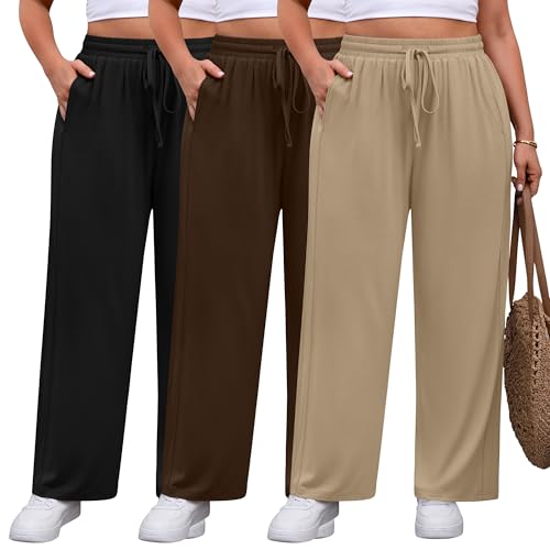 3 Pack Women's Plus Size Pants, Drawstring Wide Leg High Waist Sweatpants Loose Casual Lounge Pants with Pockets