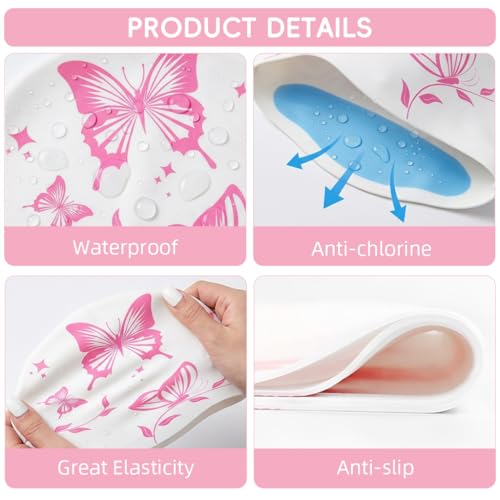 Image of Proberos Swimming Cap for Women & Girls, Waterproof Silicone, Pressure-Free Fit Swim Cap, Long Hair Swimming Head Cap, Wrinkle-Free Women Swim Pool Cap for Long Hair, Butterfly Prints