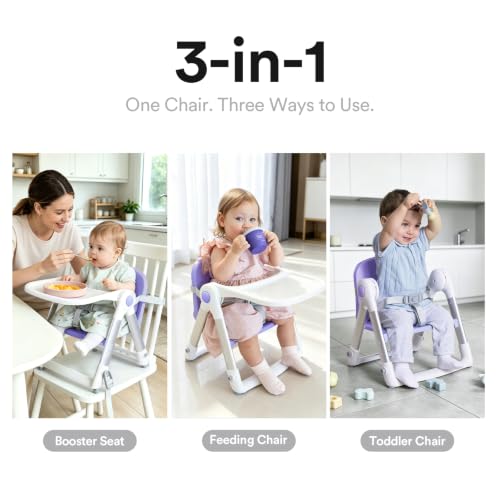 Image of Apramo 3-in-1 Toddler Booster Seat for Kitchen Chair & Dining Table with Removable Tray and Safety Straps, Portable& Foldable Babies Chair for Table, Feeding, Floor & Travel, Purple