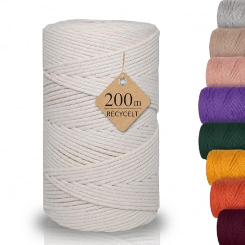 AMPARA Makramee Garn 3mm x 200m Häkelgarn für Taschen kleine Körbe Untersetzer etc. | Nachhaltiger DIY Flechtkordel 100% Recycelt & Hochwertig (natur)