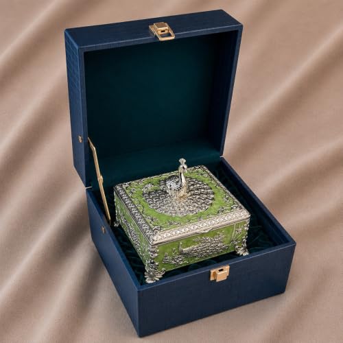 Image of Diviniti Silver Plated Peacock Decorative Box with Premium Gift Box | Luxury Multipurpose Storage Box for Home Decor, Sweets & Corporate Gifting (Green)