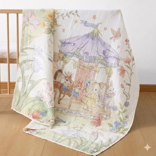 Image of Kassy Pop Printed 6 Layer Bamboo Muslin Blanket Cum Swaddling Towel for Baby | 70% Bamboo, 30% Cotton | AC Quilt, Multi-Purpose Blanket | Multicolor Print (110cm x 110cm)