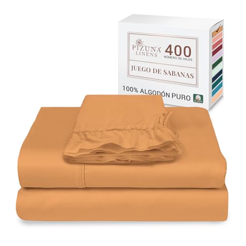 Pizuna Juego de sabanas 90x200 algodon naranjaalbaricoque,Lujoso satén 100% algodón de fibra larga de 400 hilos Juego de sabanas 90 cm con 1 sabana encimera,1 sabana bajera,1 funda almohada cilindrica